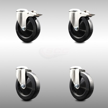 Service Caster 5 Inch 316SS Soft Rubber Wheel Swivel Bolt Hole Caster Set with 2 Lock Brake SCC-SS316BHTTL20S514-SRS-2-S-2